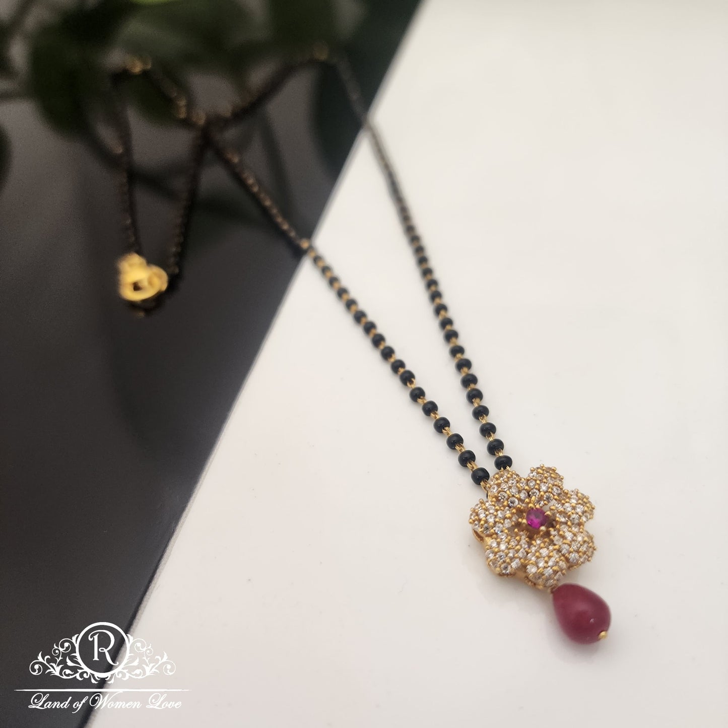 pendant silver black beads with flower locket chain-rch470 92.5 silver ramala jewelry / ramala collections