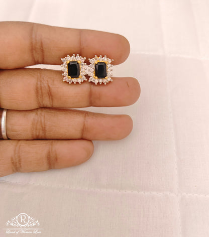 Silver Black Stone Stud Earrings-V061