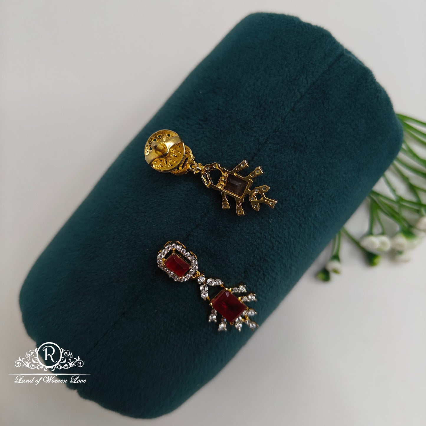 Silver diamond finishing ruby earrings -RCDS265