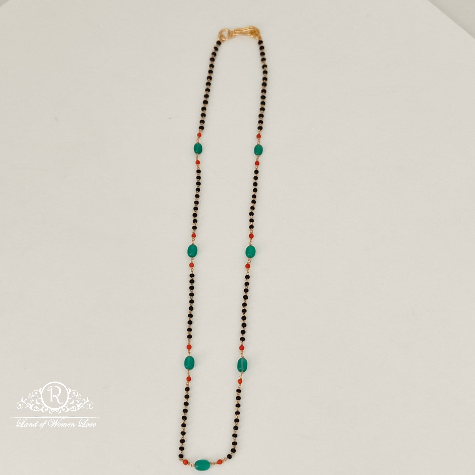 92.5 silver simple and cute black beads with coral and green beads-rch921 coral 92.5 silver ramala jewelry / ramala collections