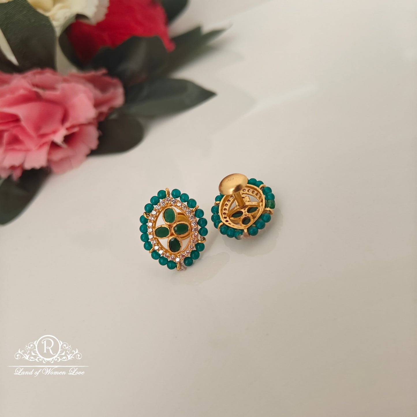 92.5 silver simple and Cute earrings with green beads-RCJR898