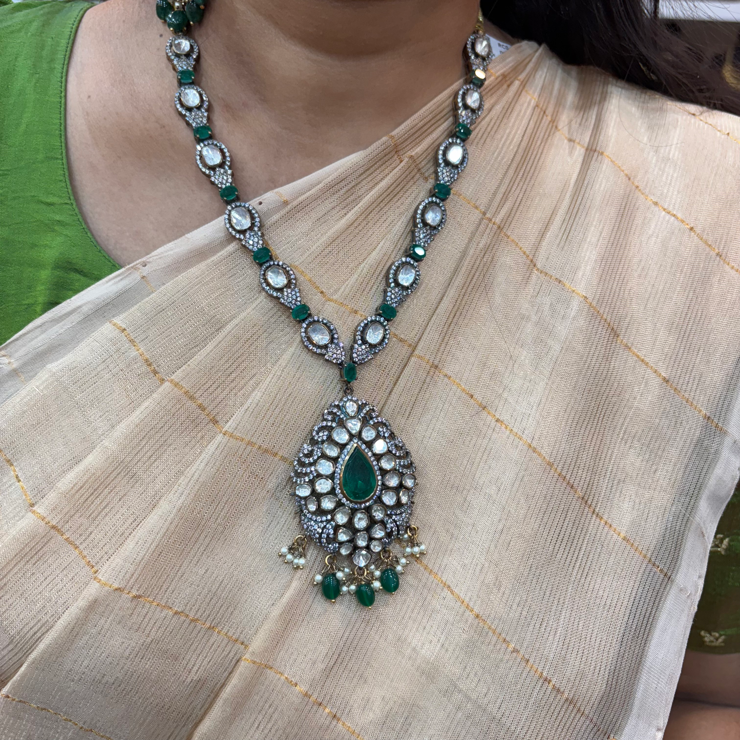 earrings moissanite with emerald green kundans silver necklace-rcm588 emerald 92.5 silver ramala jewelry / ramala collections