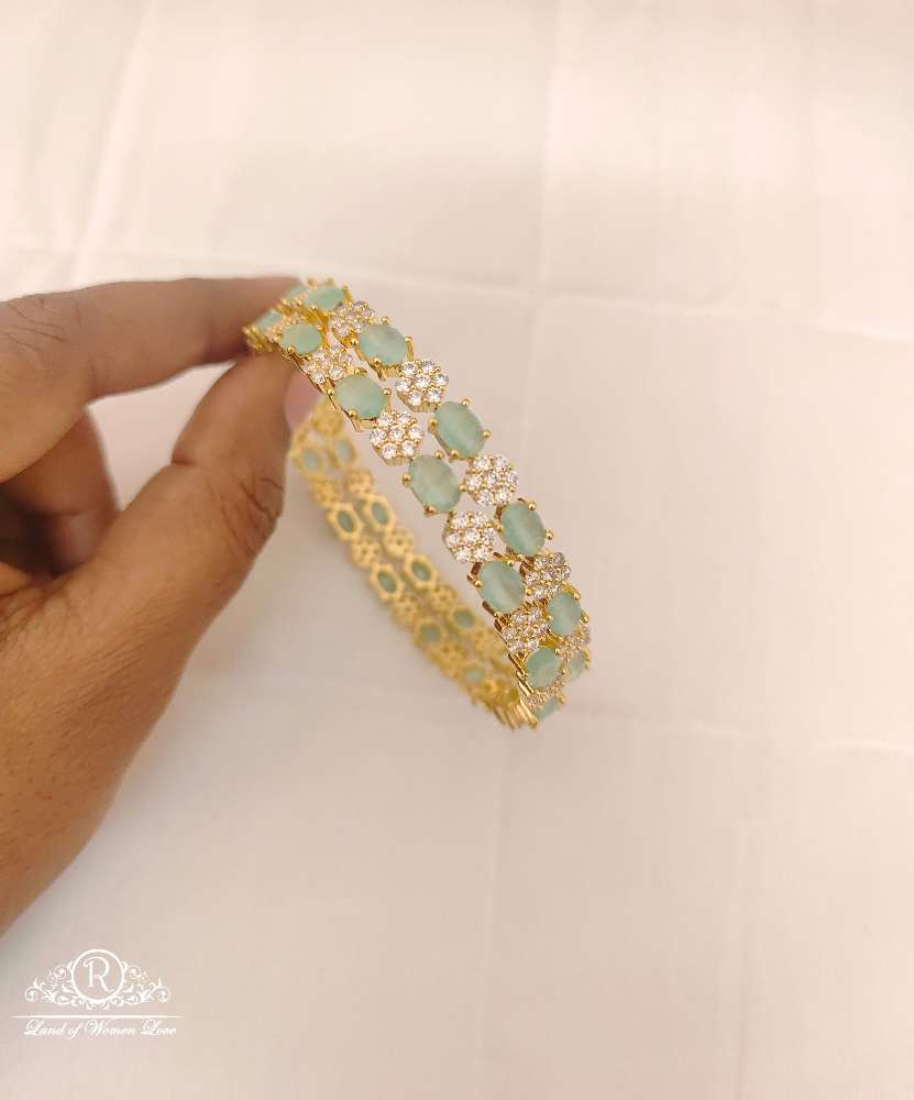 Silver CZ-White &Green Stones Bangles-RCES10