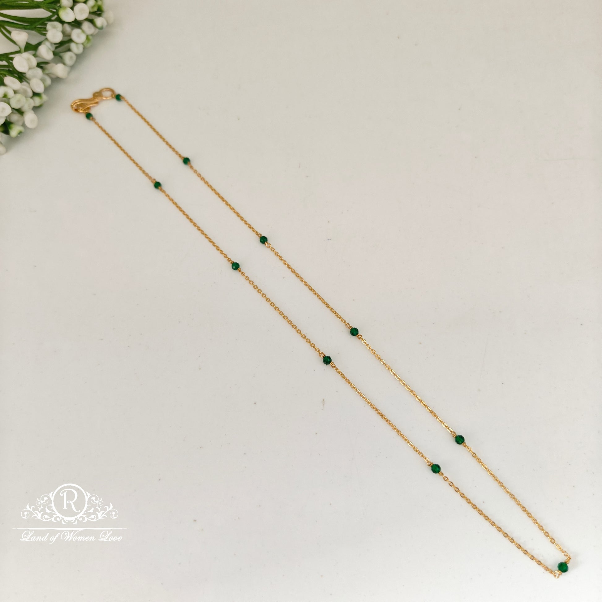 chain 92.5 silver simple and cute chain with green beads -rch898 92.5 silver ramala jewelry / ramala collections