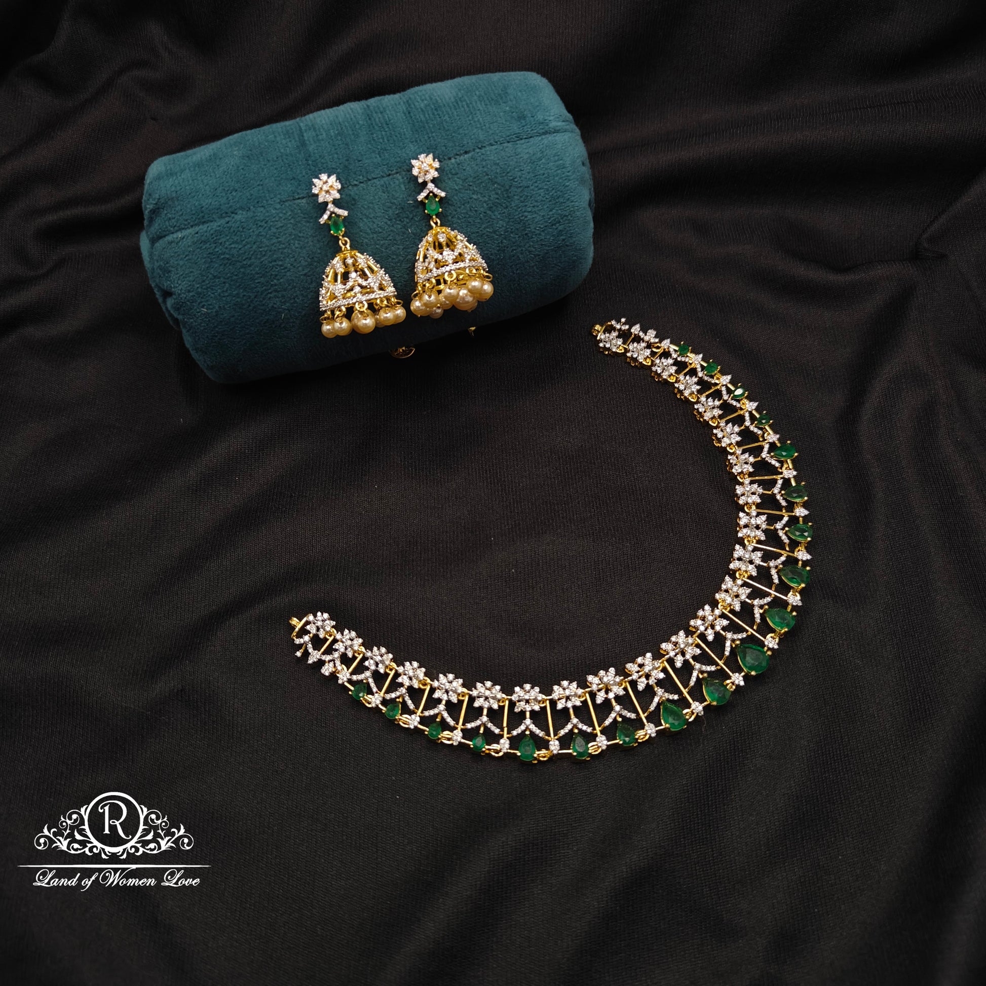 necklace diamond finishing silver green stone necklace set 92.5 silver ramala jewelry / ramala collections