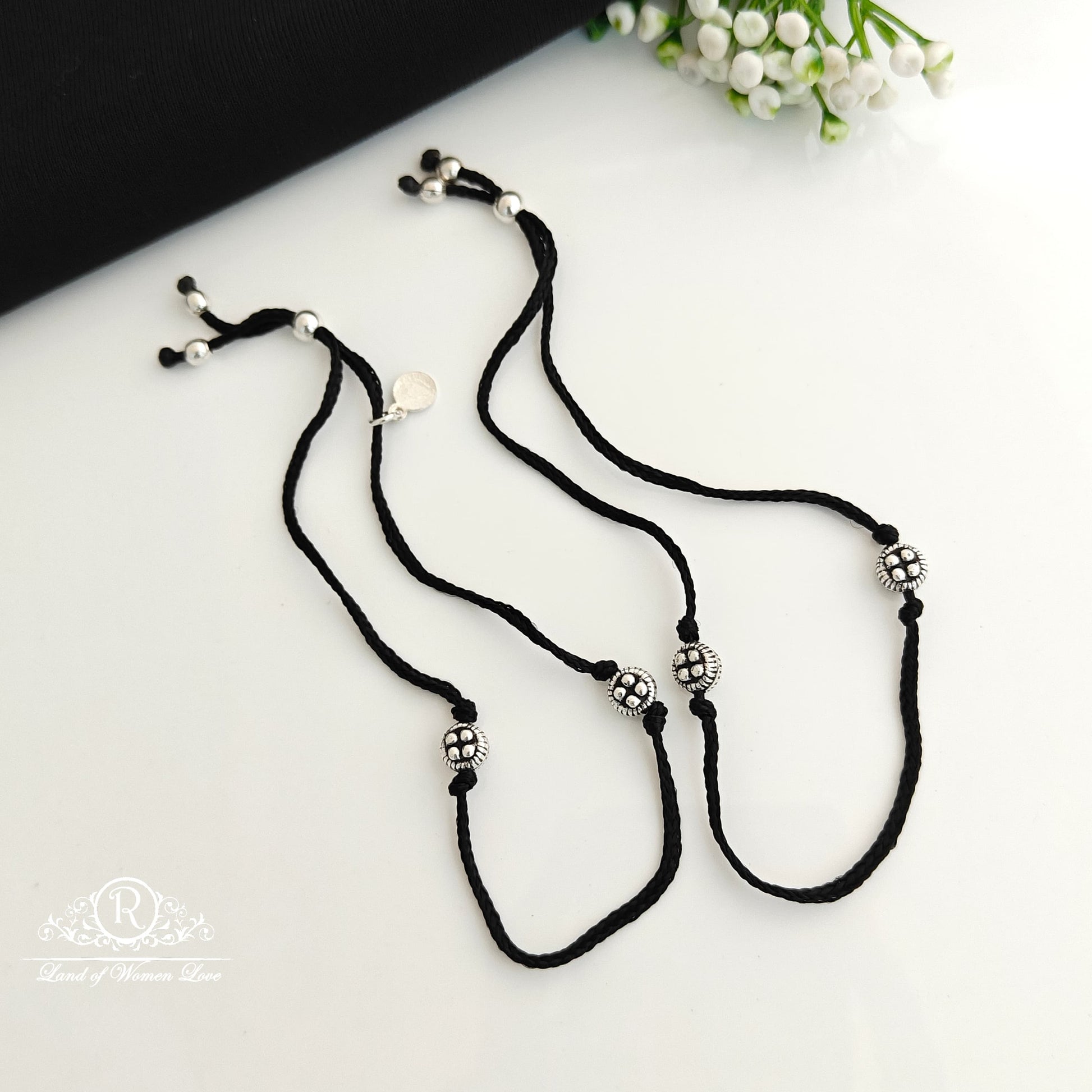 anklet silver black theard anklets-rcra109 92.5 silver ramala jewelry / ramala collections