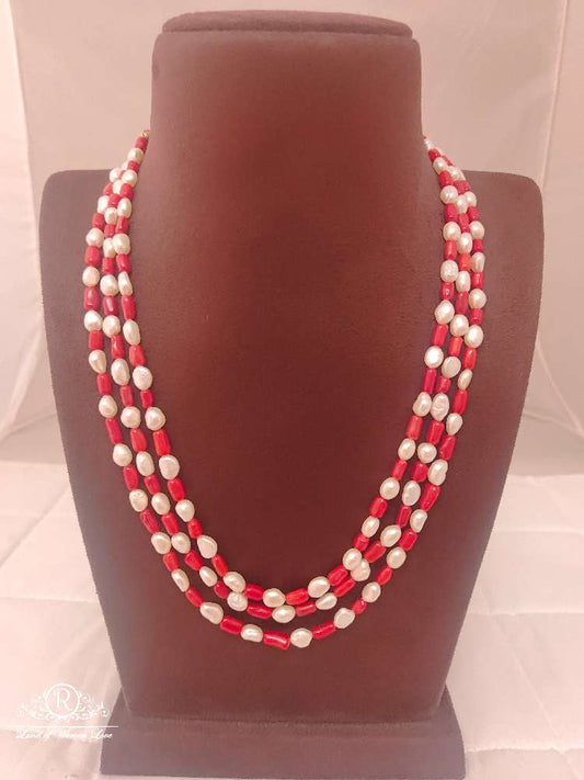 natural red coral with pearl 3 line beads mala-rcmb15 pearl 92.5 silver ramala jewelry / ramala collections