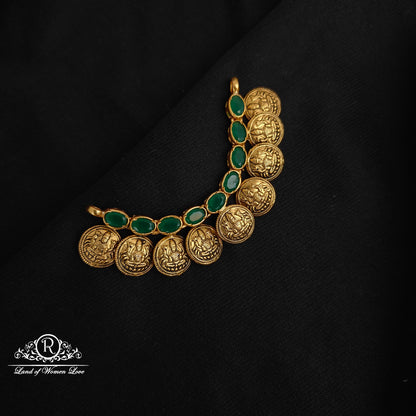 92.5 silver beautiful nakshi kasu mala locket with green stones -rcm193 92.5 silver ramala jewelry / ramala collections