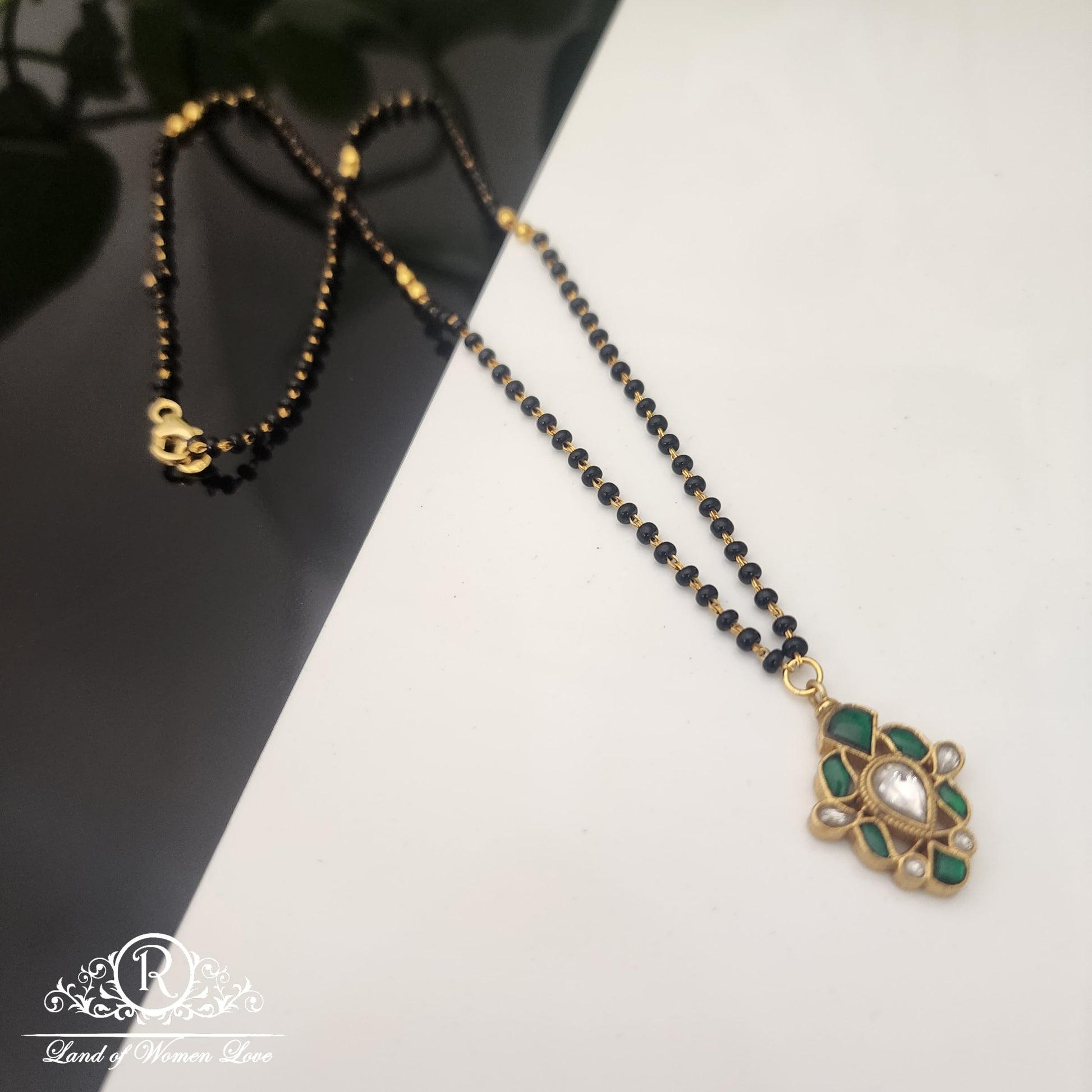 pendant silver black beads chain -rch472 kundan 92.5 silver ramala jewelry / ramala collections