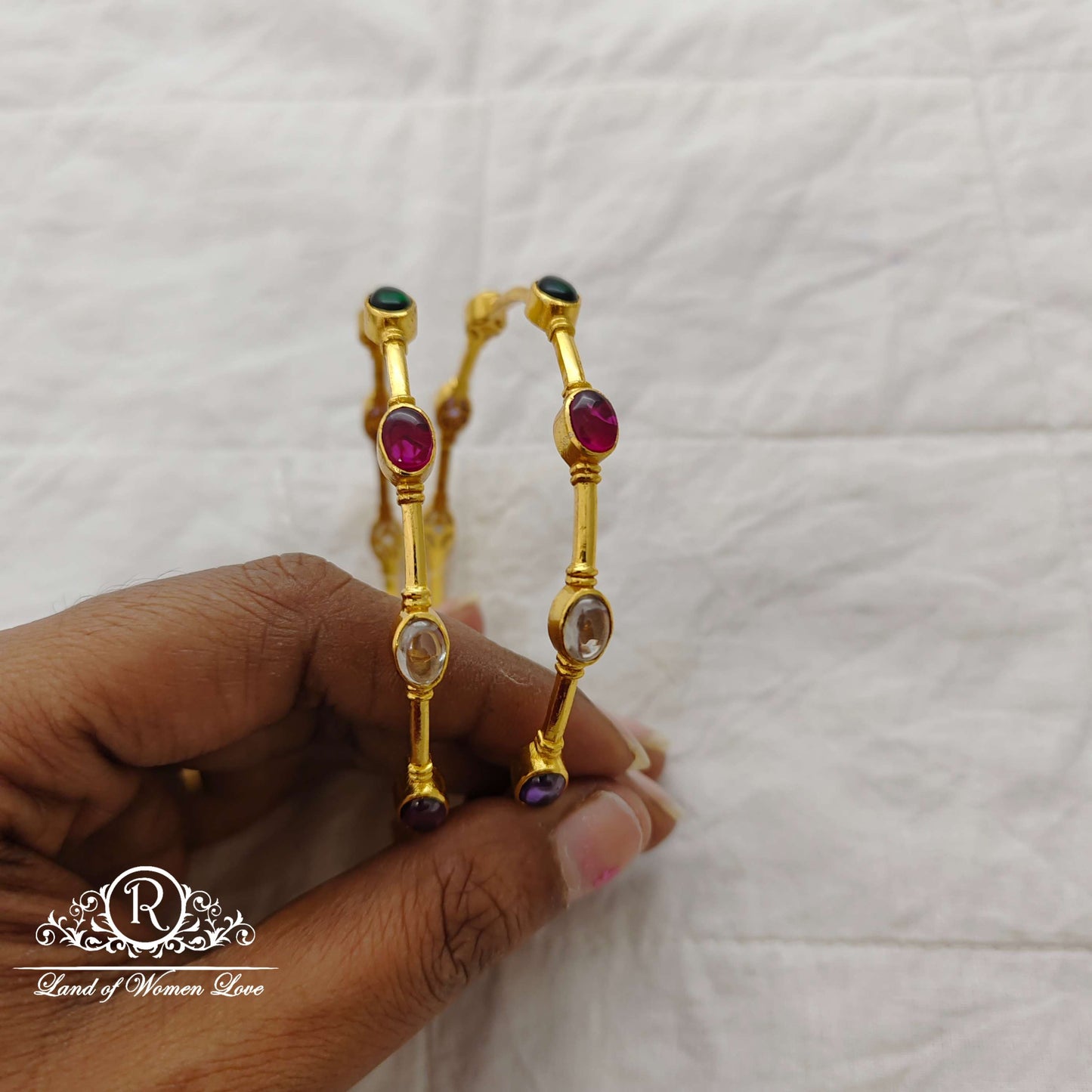 Silver base gold polish navaratna bangles -RCJR451