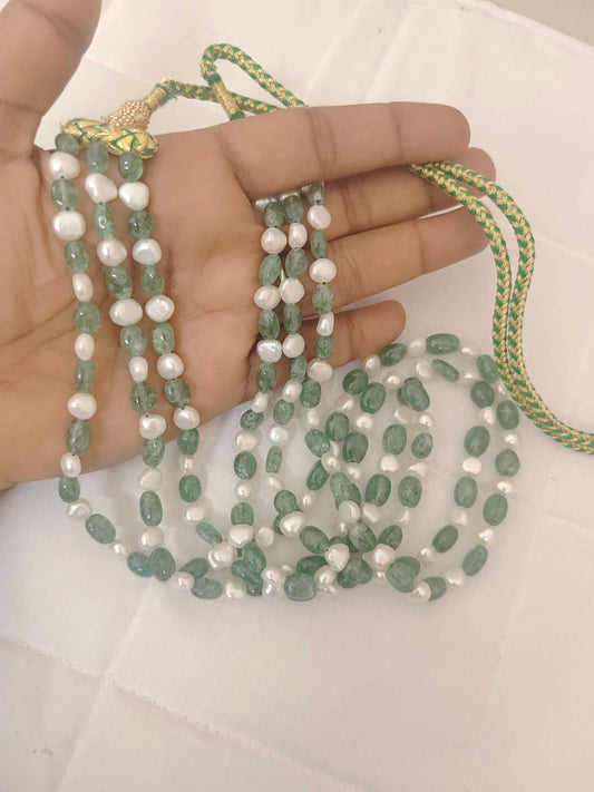 Ovel Shape Green Strawberry Quartz With Pearls 3 Line Beads Mala-RCMB17