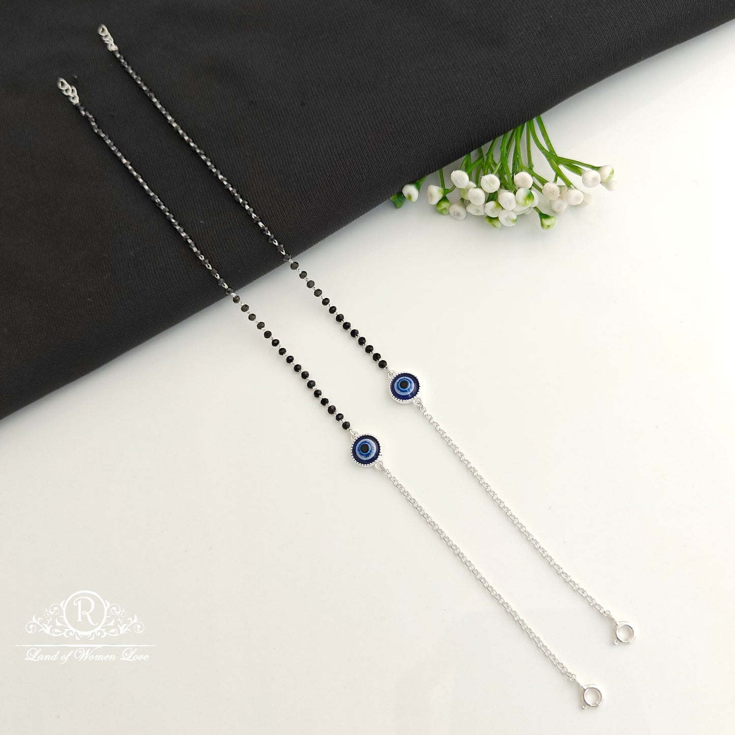 anklet silver evil eye black beads anklets -rcra101 92.5 silver ramala jewelry / ramala collections