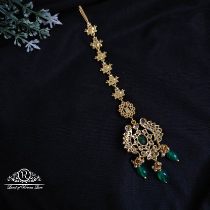 Silver white stone green beads hanging tikka-RCM1101