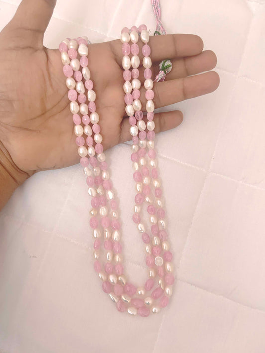 Pink Ovel Shape Monalisa Glass Stone With Pearls 3 Line Beads Mala-RCMB18