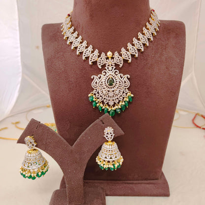 Silver CZ- stone green beads hanging necklace - RCD338