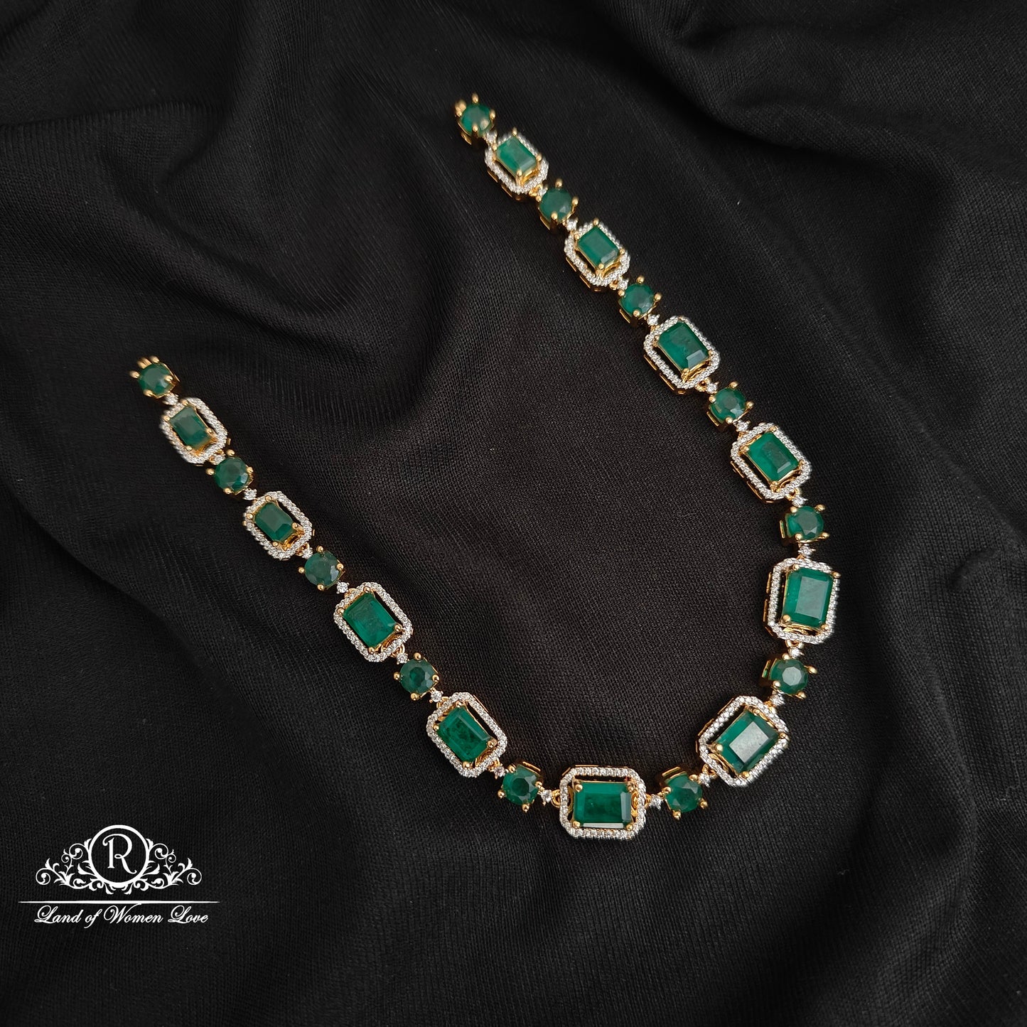 necklace 92.5 silver beautiful diamond replica necklace with green stones-rcm273 92.5 silver ramala jewelry / ramala collections