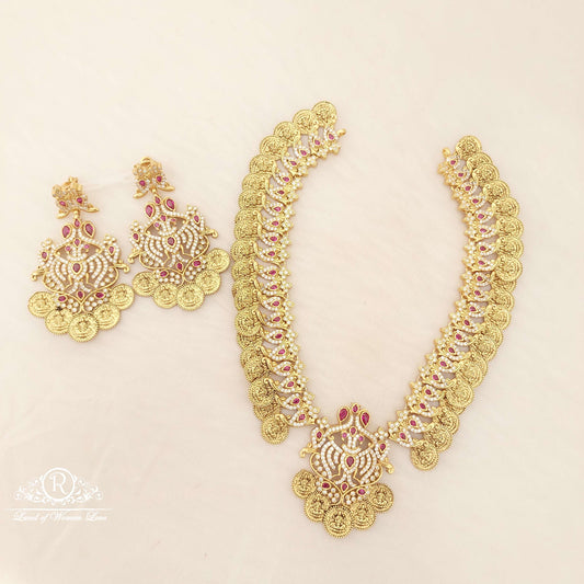 earrings silver lakshmi devi kasula with mango necklace with earrings set-c120c133 92.5 silver ramala jewelry / ramala collections