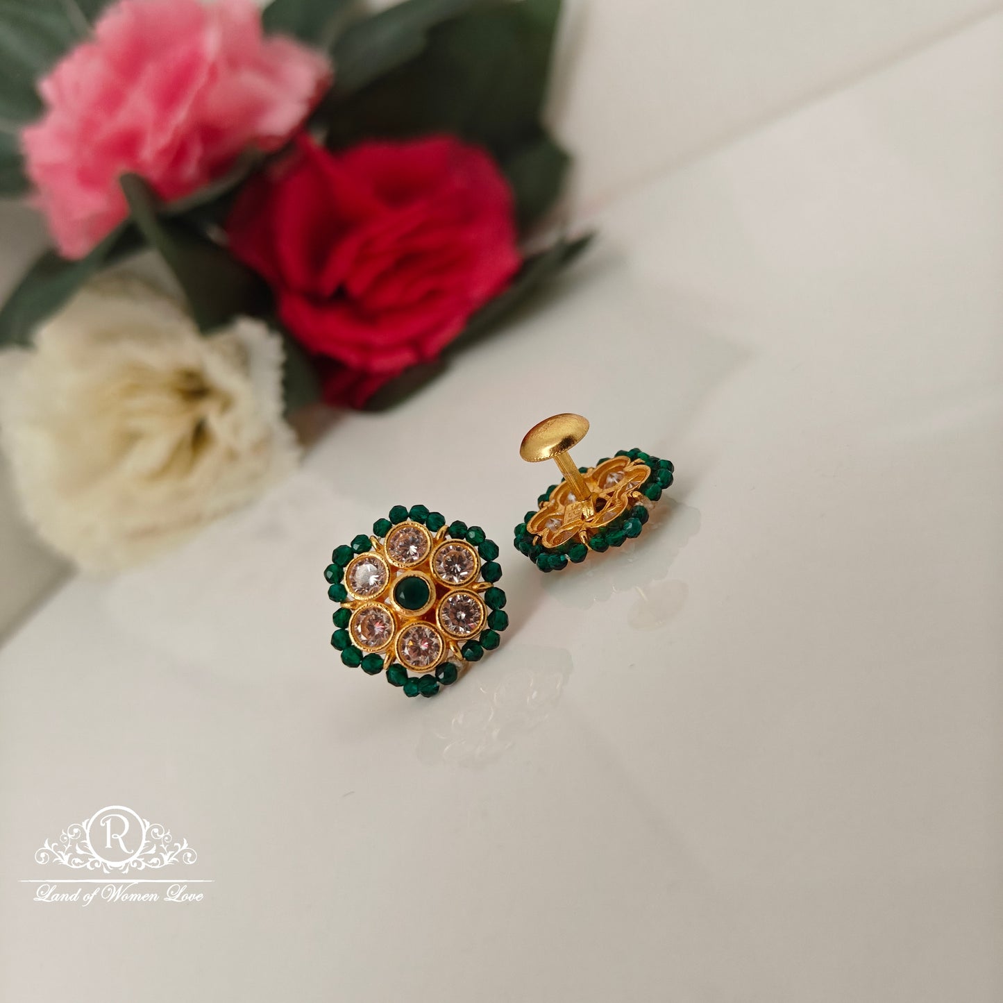 92.5 silver simple and Cute earrings with green beads-RCJR900