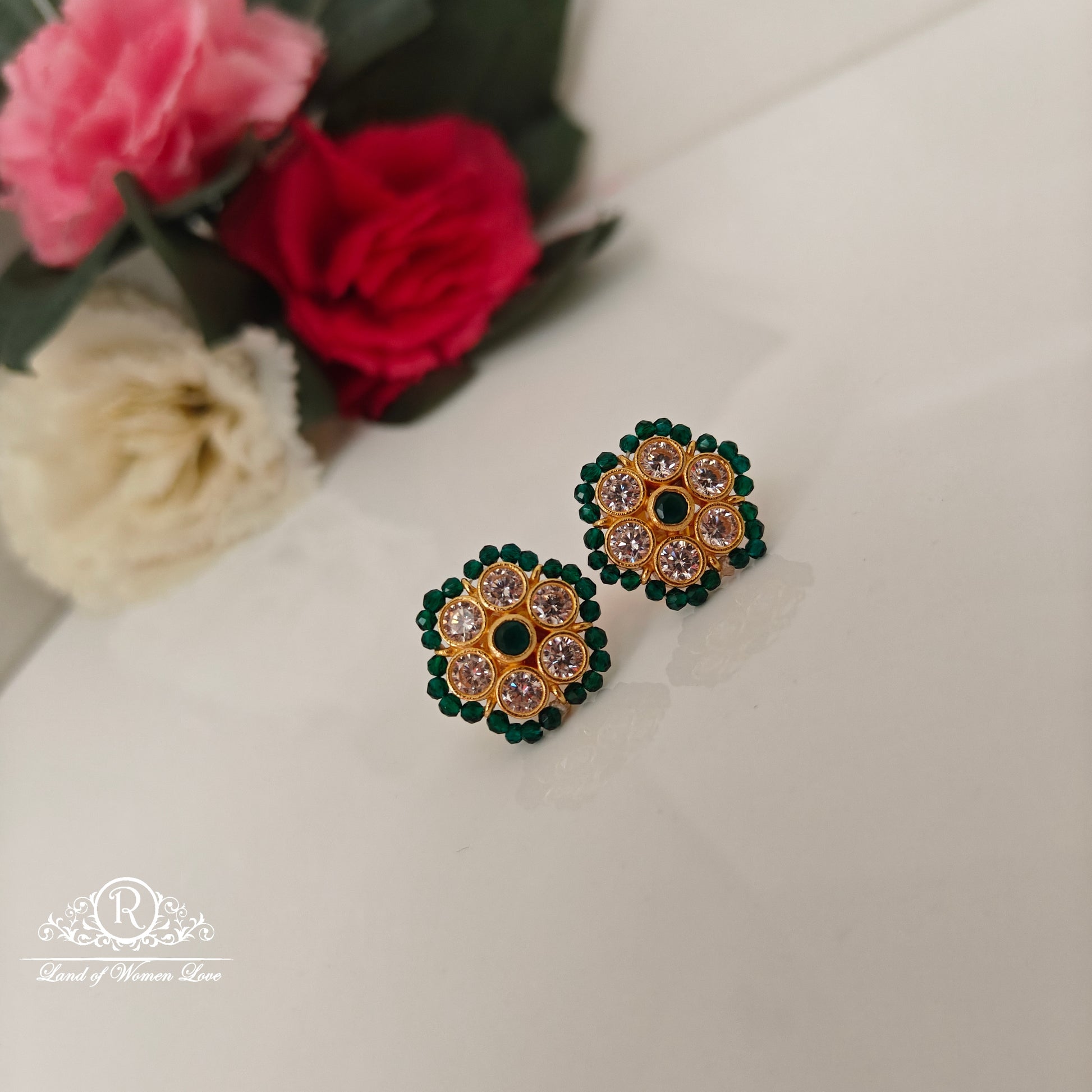 earrings 92.5 silver simple and cute earrings with green beads-rcjr900 92.5 silver ramala jewelry / ramala collections