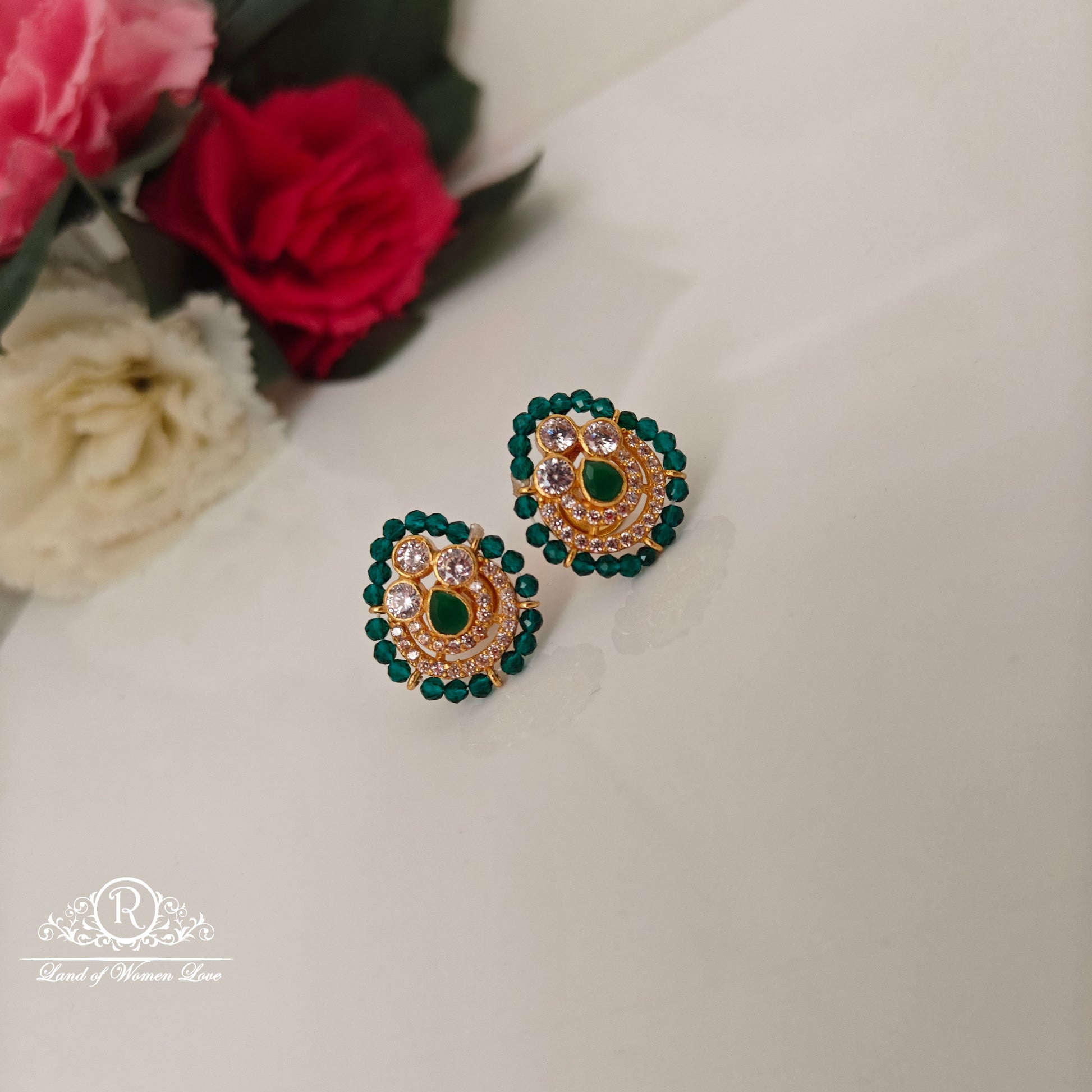 earrings 92.5 silver simple and cute earrings with green beads-rcjr899 92.5 silver ramala jewelry / ramala collections