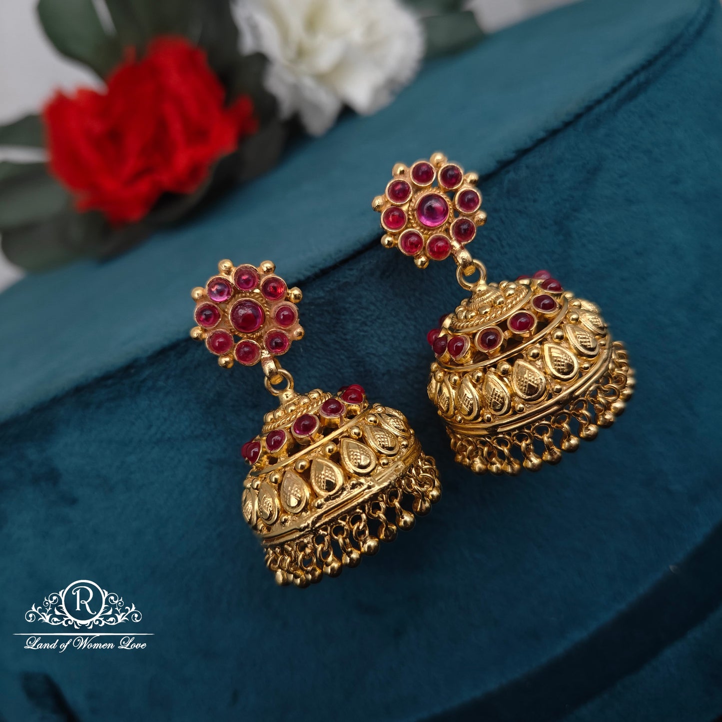 earrings 92.5 silver simple and cute jhumkas with ruby stones and hangings -rchk0163 ruby 92.5 silver ramala jewelry / ramala collections