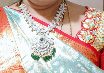 Silver CZ- stone green beads hanging necklace - RCD338