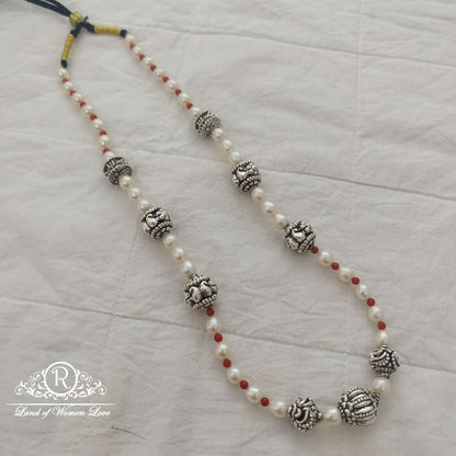 chain silver pearl mala with nakshi balls chain - rcjr450 pearl 92.5 silver ramala jewelry / ramala collections