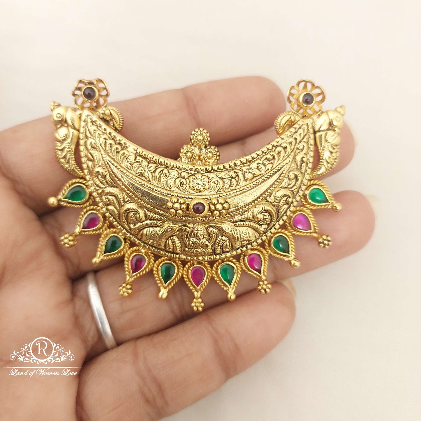 Silver Kempu & Green Stones Locket-M182