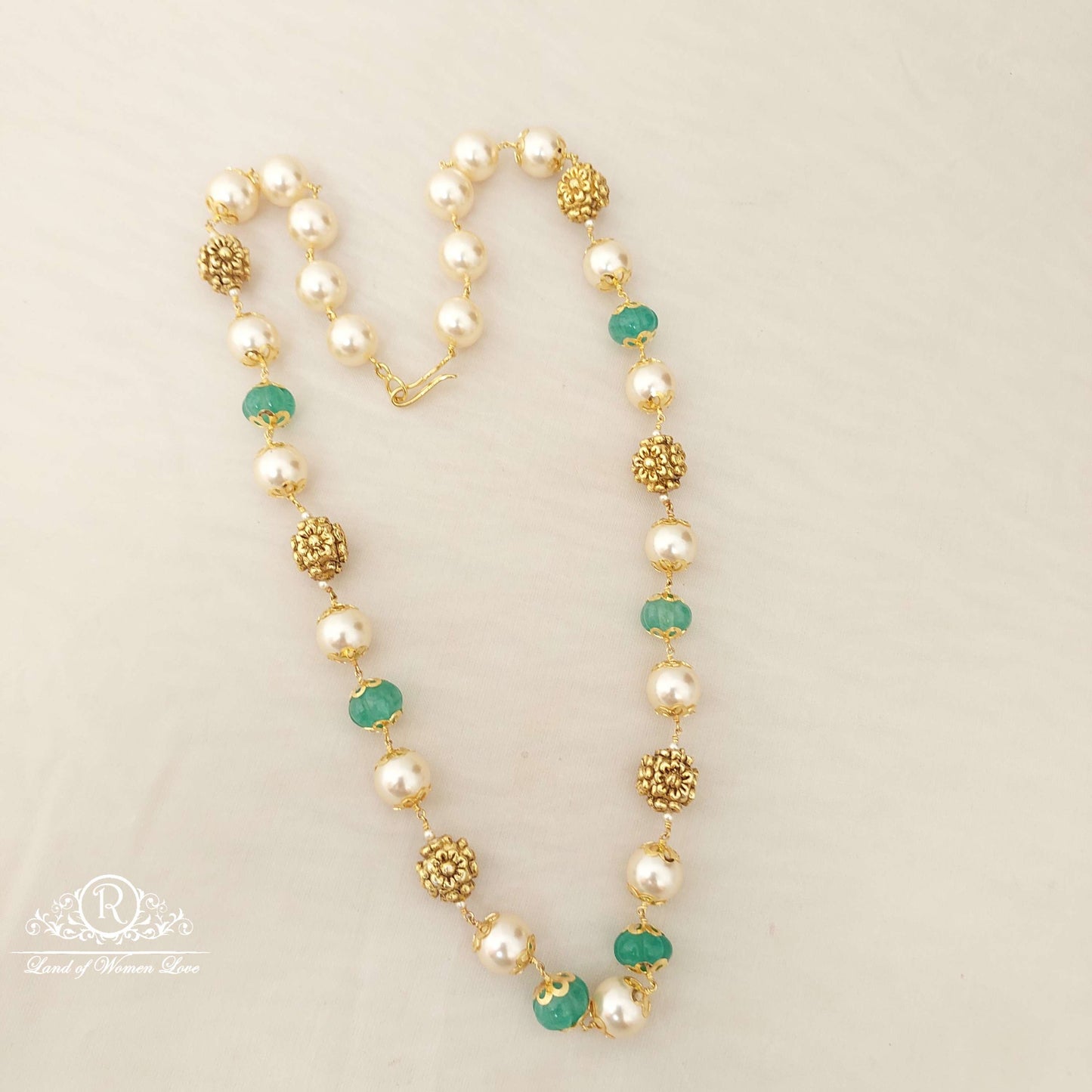 Silver Nakshi Gold Balls With Pearls Beads Mala-H097