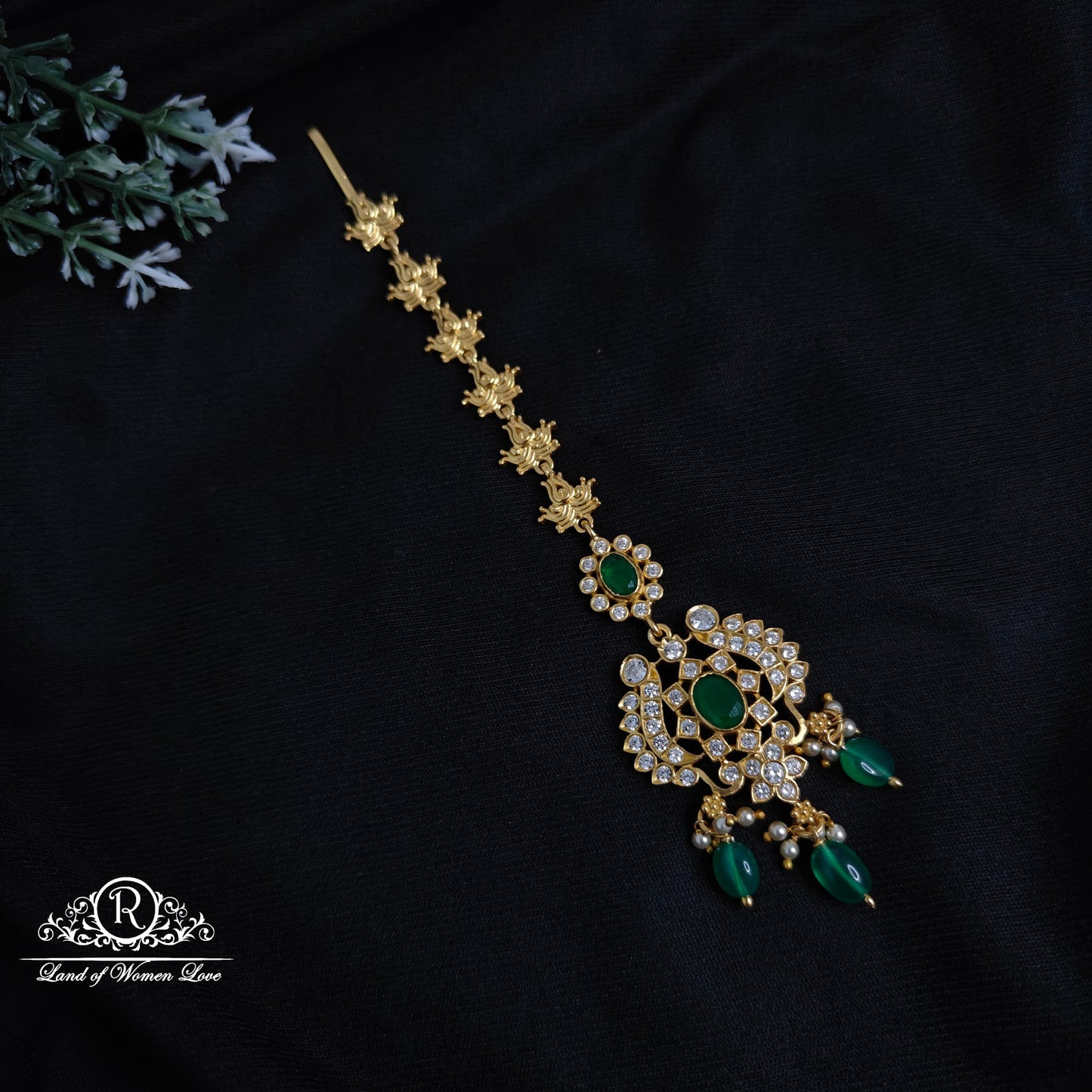 maang tikka silver white stone green beads hanging tikka-rcm1101 92.5 silver ramala jewelry / ramala collections