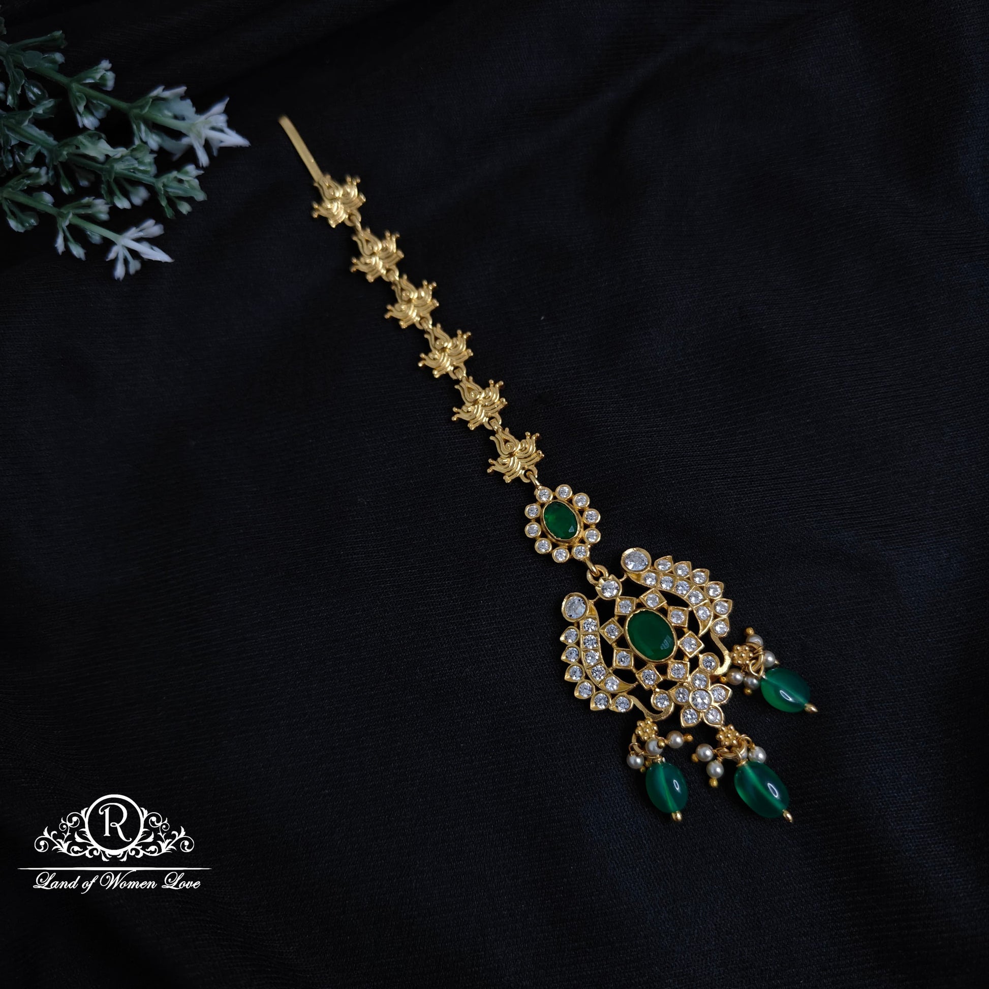 maang tikka silver white stone green beads hanging tikka-rcm1101 92.5 silver ramala jewelry / ramala collections