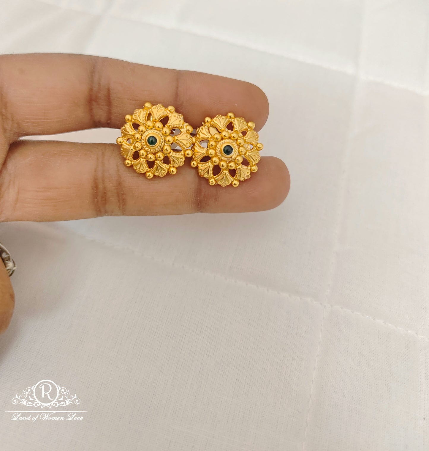 Silver Green Stone Stud Earrings-RCJR224