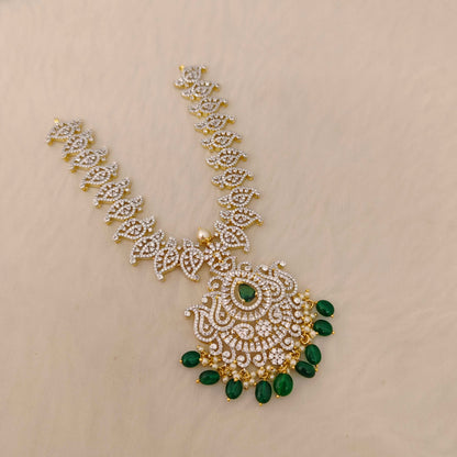Silver CZ- stone green beads hanging necklace - RCD338
