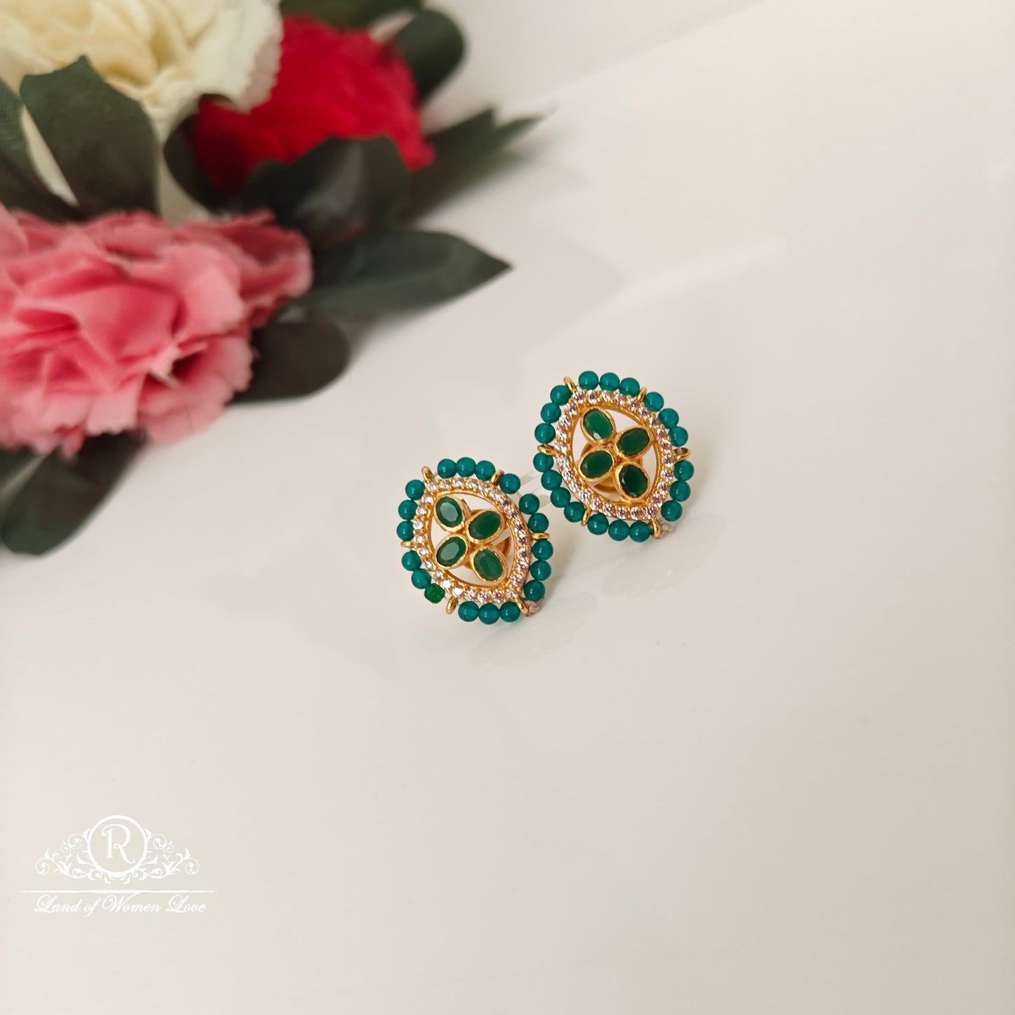 earrings 92.5 silver simple and cute earrings with green beads-rcjr898 92.5 silver ramala jewelry / ramala collections