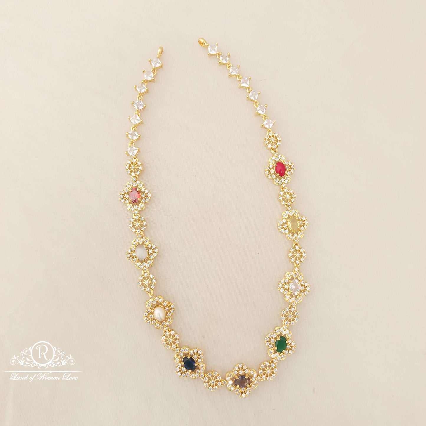 necklace silver whitevwith navaratna stones necklace-d053 navaratna 92.5 silver ramala jewelry / ramala collections
