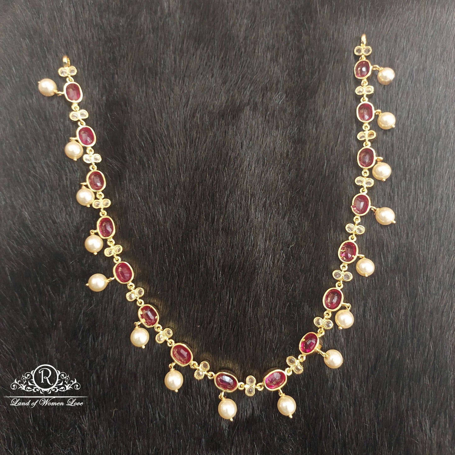 Silver Kempu Stones With Pearls Necklace-D023