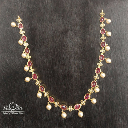Silver Kempu Stones With Pearls Necklace-D023