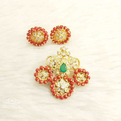 Silver Coral Locket With Earrings-D019S771