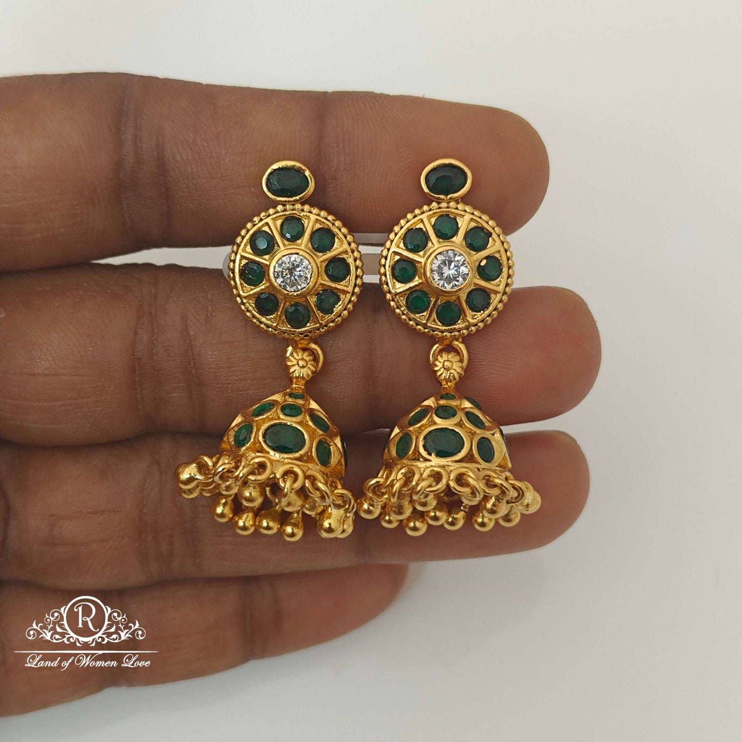 Silver Green Stones Design jhumkas-RCCP131