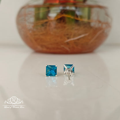92.5 Silver Sky blue coloured square cut Stud earrings-RCHS37-7