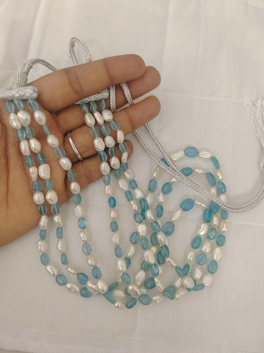 Natural Blue Aquamarine Smooth Nuggets With Pearl 3 Line Beads Mala-RCMB16