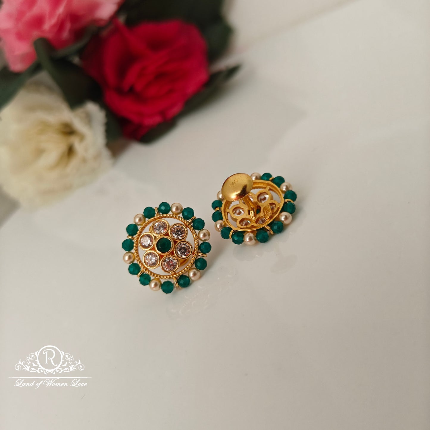 92.5 silver simple and Cute earrings with green beads and pearls -RCJR902