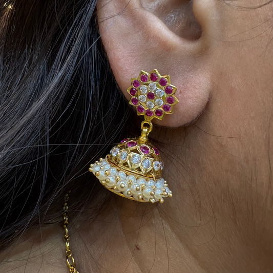 earrings silver white & kempu stones pearls design jhumkas-rck190 92.5 silver ramala jewelry / ramala collections