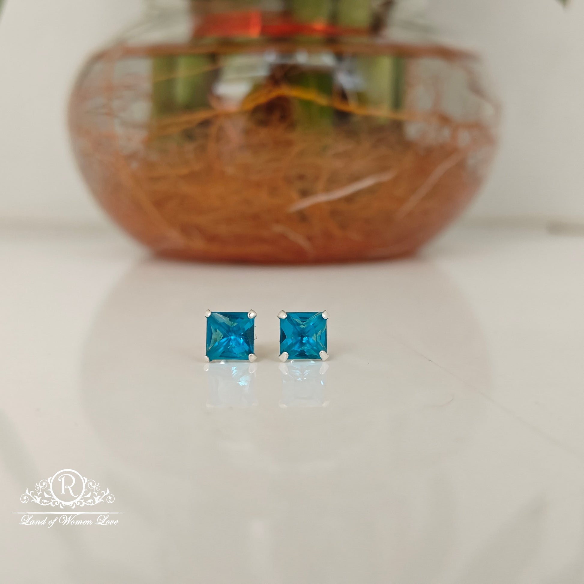 stud 92.5 silver sky blue coloured square cut stud earrings-rchs37-7 92.5 silver ramala jewelry / ramala collections