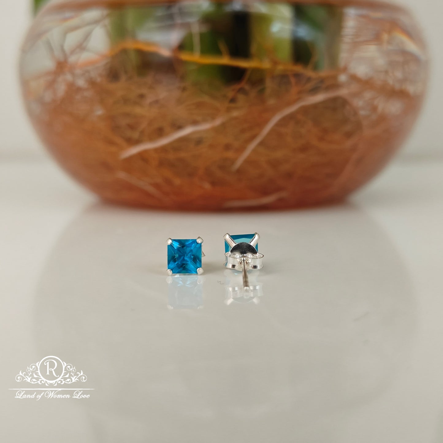 92.5 Silver sky blue Square cut Stud earrings-RCHS36-9