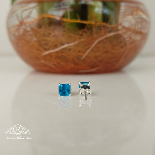 92.5 Silver sky blue Square cut Stud earrings-RCHS36-9