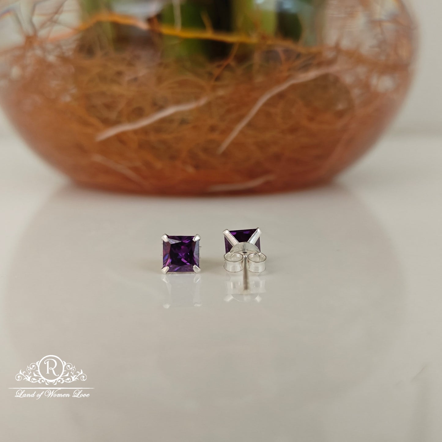 92.5 Silver purple coloured square cut Stud earrings-RCHS36-10