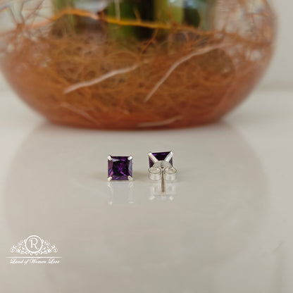 92.5 Silver purple coloured square cut Stud earrings-RCHS36-10