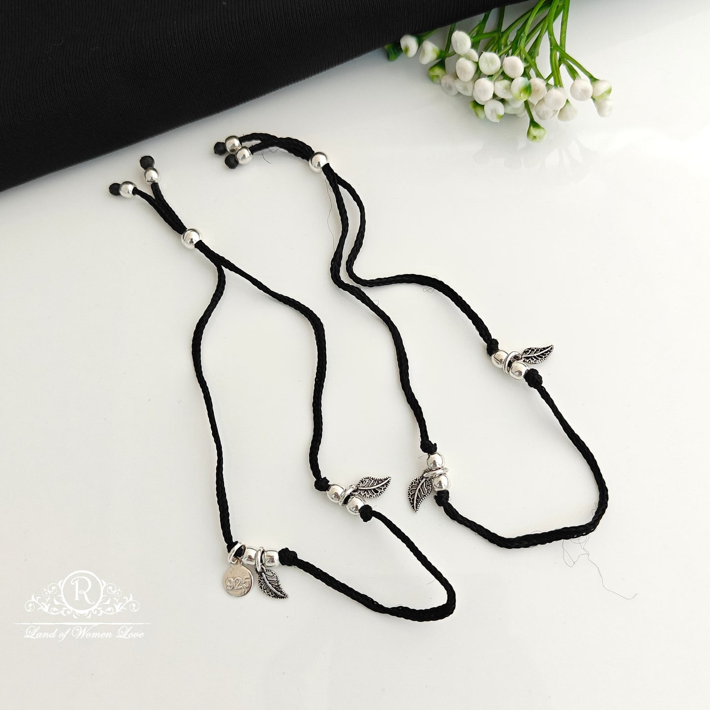 anklet silver black theard anklets-rcra106 92.5 silver ramala jewelry / ramala collections