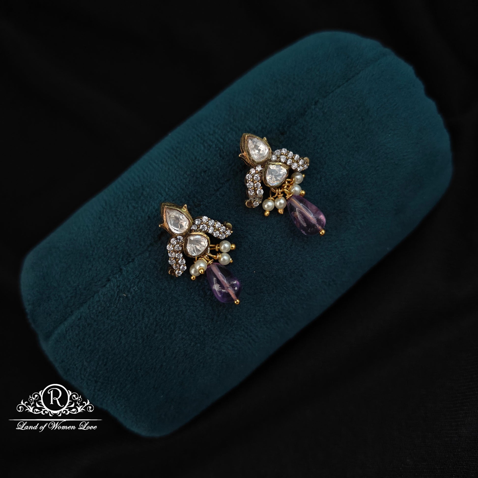 earrings 92.5 silver victorian earrings with pearls and purple beads hanging -rccp329 pearl 92.5 silver ramala jewelry / ramala collections